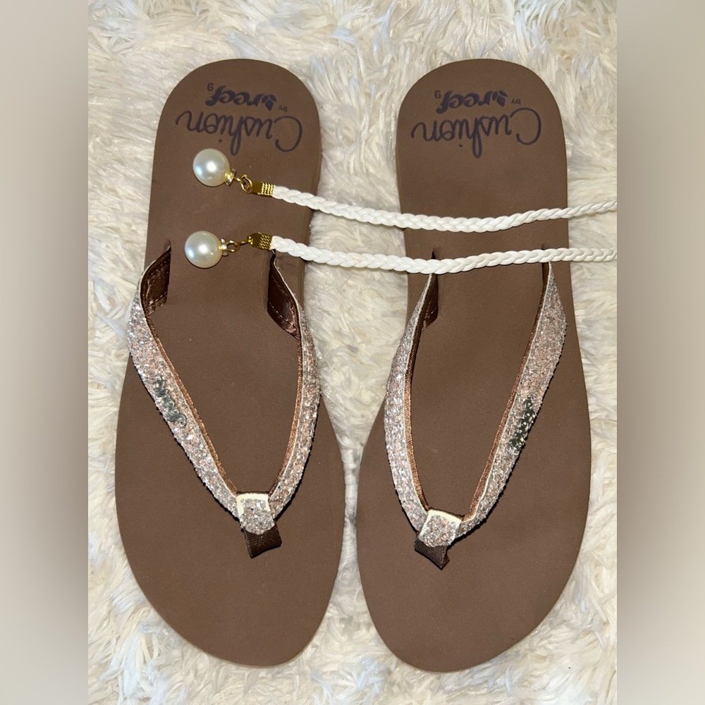 Chic Brown and Cream Sandals with Glittery Thong Straps